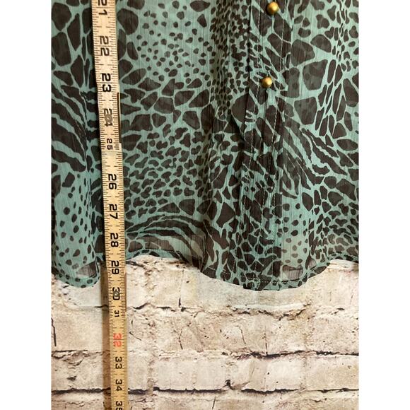 Hoss Intropia Top Womens 38 Medium Teal Green Animal Print Semi Sheer Ruffles - Picture 9 of 13